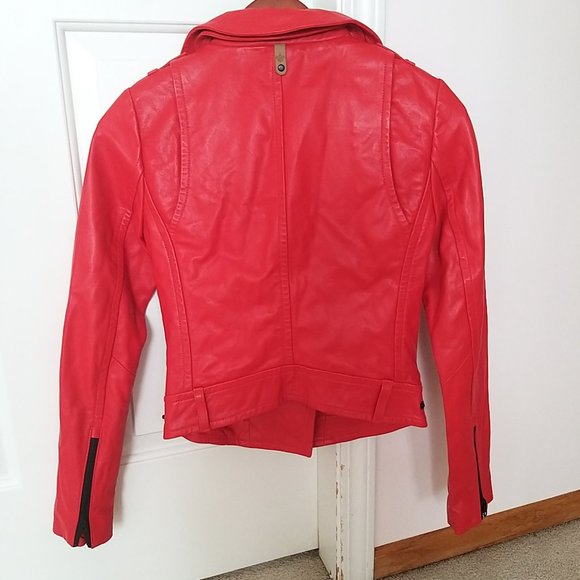 Mackage Hania Leather Moto Zip Jacket Size xxs Red / Flame New (Missing Belt) - Picture 8 of 16